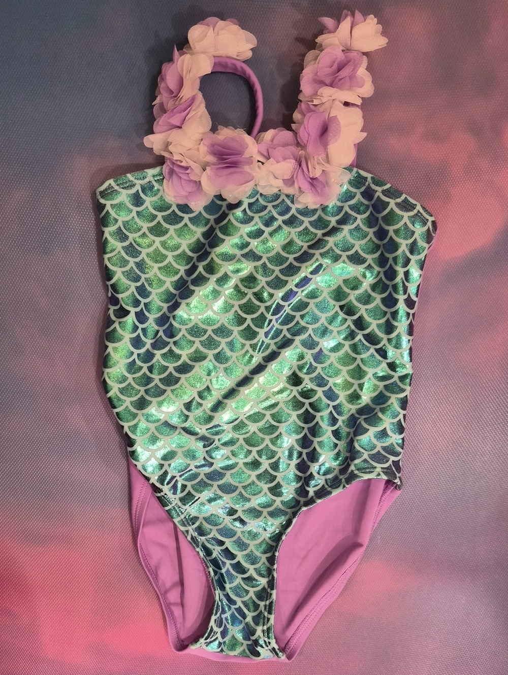 Floatimini Girls Shimmering Teal Mermaid One-Piece with Lavender Floral Straps